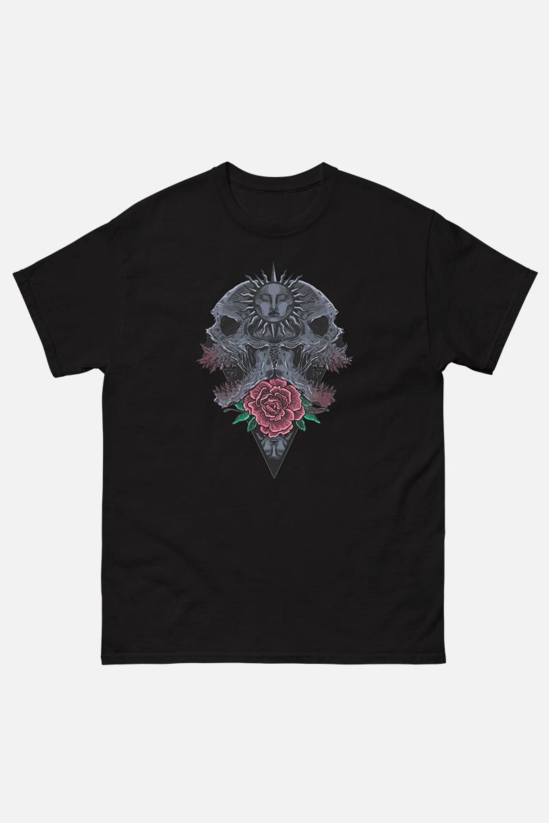 Camiseta gótica negra - Dos calaveras y una rosa