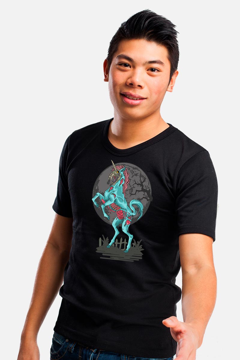 Camiseta gótica negra para hombre con unicornio esquelético