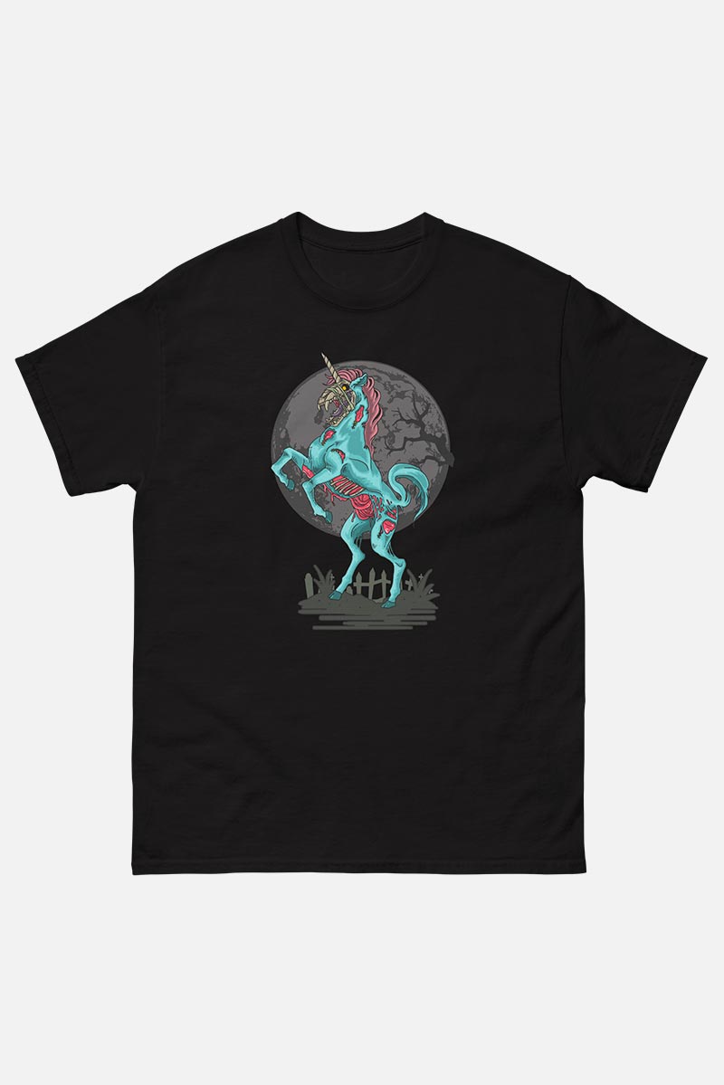 Camiseta gótica negra para hombre con unicornio esquelético