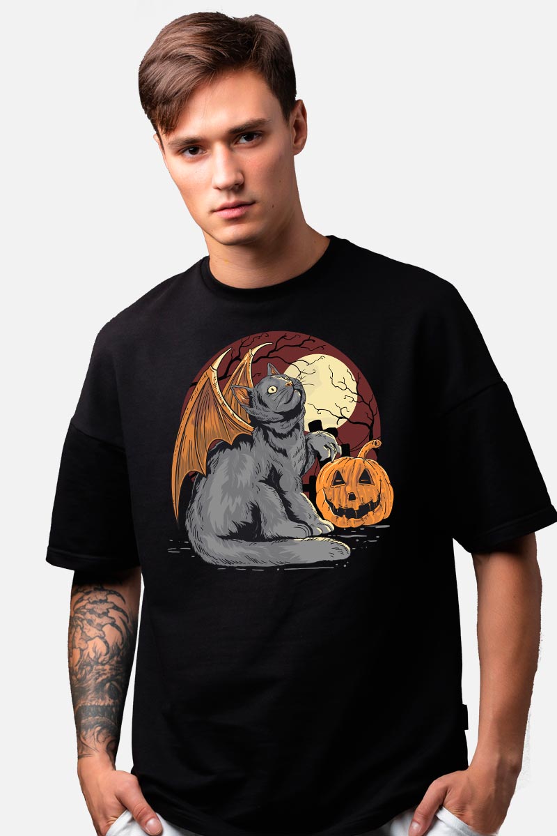 Camiseta gótica negra para hombre. El gato y la calabaza