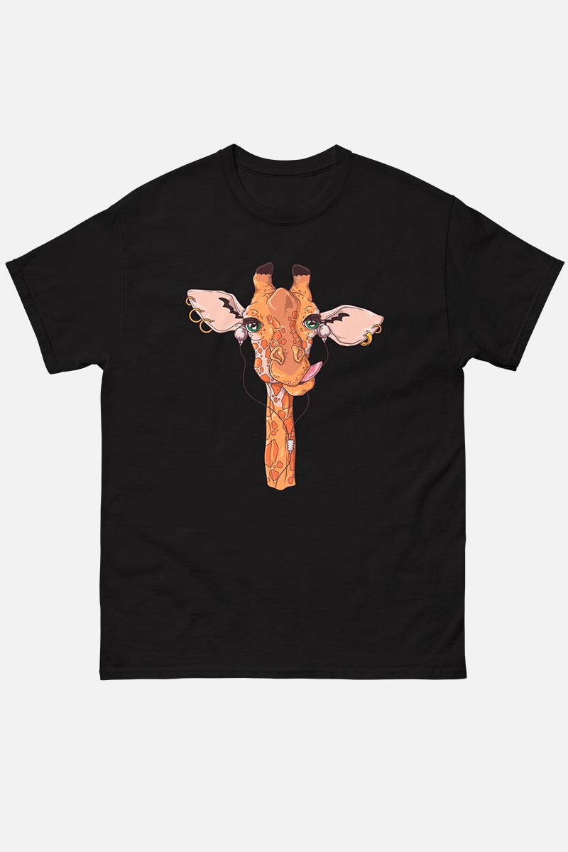 Camiseta negra para hombre jirafa con auriculares